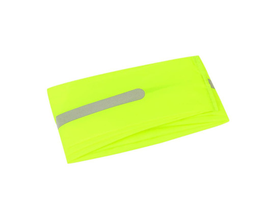 A reflective rain cover in bright yellow with a grey stripe, folded and showcasing its lightweight design.