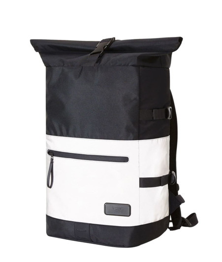 A black and white Reflex Notebook Backpack L with a roll-top design and an external zip pocket. Includes a logo.