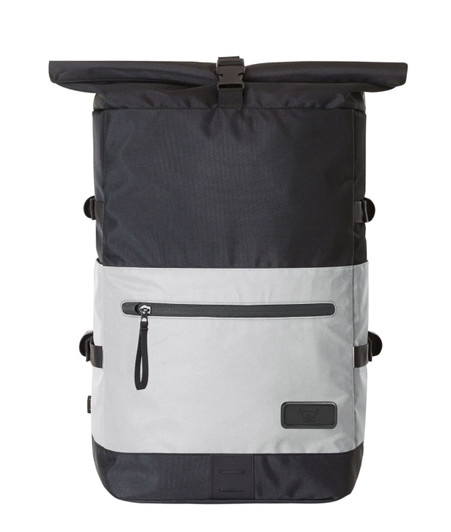 A black and grey Reflex Notebook Backpack L with a roll-top design and front zip pocket, featuring adjustable straps and a logo.