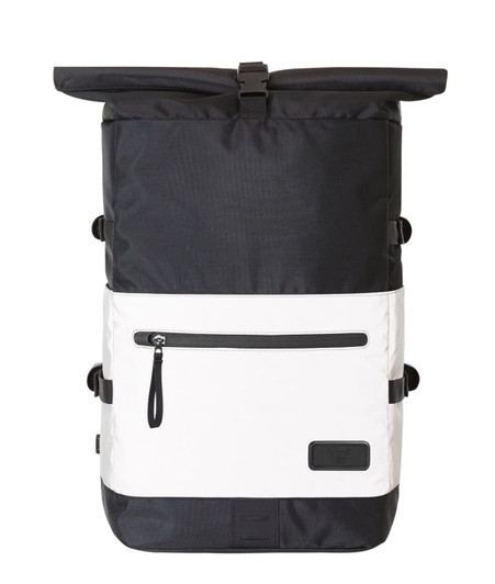 A black and white laptop backpack featuring a roll-top design, adjustable straps, and a front zippered pocket.