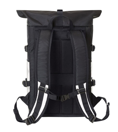 A black laptop backpack with adjustable straps and a roll-top design, featuring mesh padding for comfort and support.