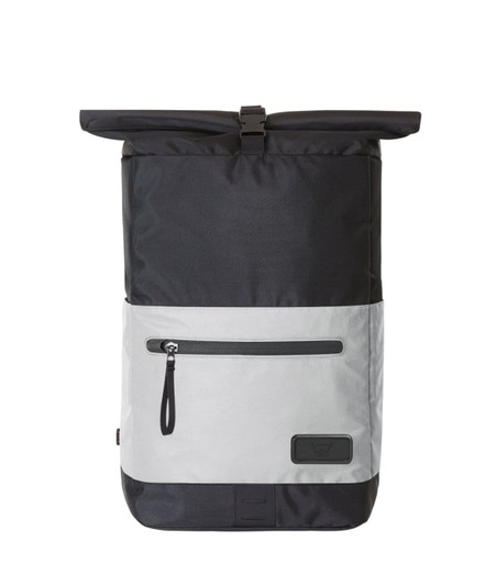A black and grey laptop backpack with a roll-top closure and front zip pocket, featuring a logo.