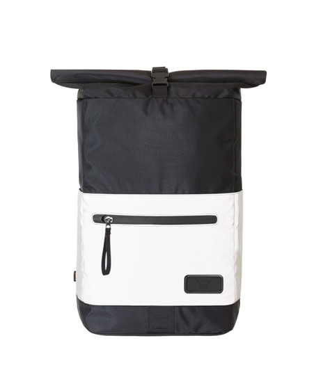 A black and white laptop backpack featuring a roll-top closure and a front zip pocket. It has a branding logo.