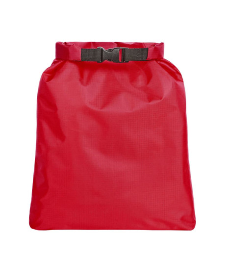 A red dry bag with a buckle closure, featuring a textured surface and a simple design.