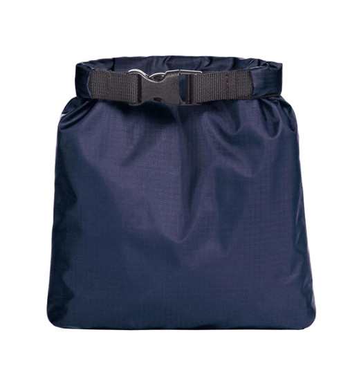 A navy dry bag with a buckle closure, designed for keeping contents dry. Features branding on the material.