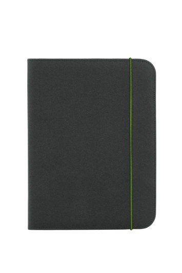 A black conference folder with a green elastic closure, featuring a smooth surface and rounded corners.