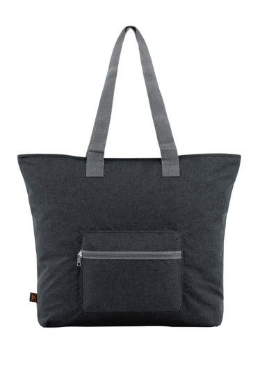 A grey tote bag featuring a front zip pocket and long handles. It has a simple, modern design with a logo.