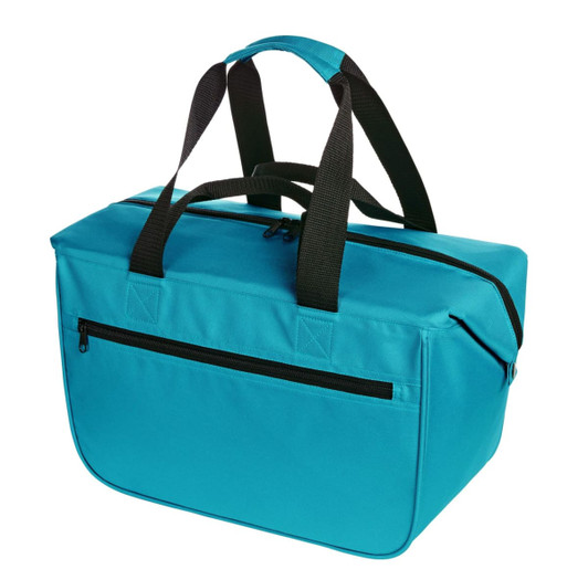 A teal cooler bag with two black handles and a zippered compartment on the front. It features a logo.