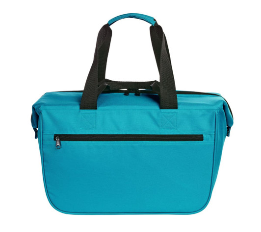 A blue cooler bag with black straps and a front zip pocket, featuring a logo. Ideal for keeping items cool.