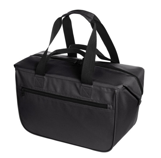 A black cooler bag with sturdy handles and a zip closure, featuring a front pocket and a logo.