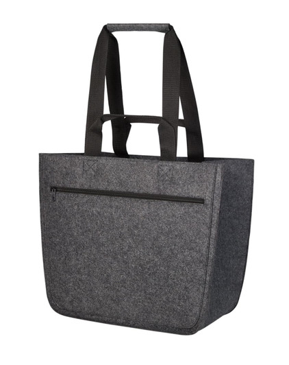 A grey felt tote bag with sturdy black handles and a zippered pocket on the front. It features a simple design and a logo.