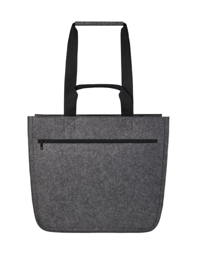 A grey felt tote bag with black handles and a zippered pocket on the front, featuring a logo.