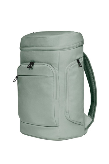 A solid green laptop backpack with multiple zippered compartments and padded straps. It has a branded logo.