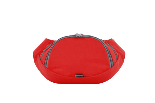 A red waist bag with two zippered compartments and a sleek design. It has a logo on the front.