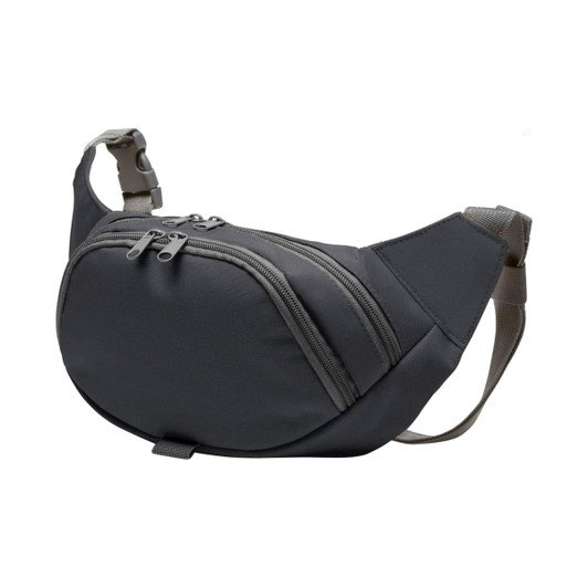 A grey bum bag featuring two zippered compartments and an adjustable strap. It includes branding elements.