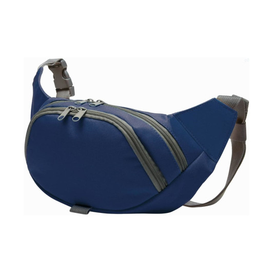 A navy blue waist bag with two zippered compartments and an adjustable strap, featuring a logo.