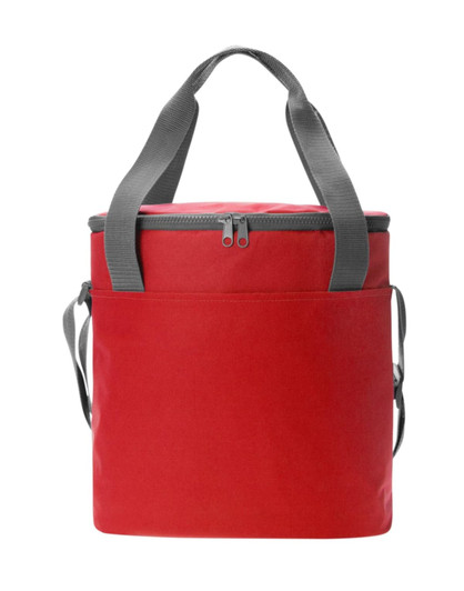A red cooler bag with grey straps and a zip closure, featuring an exterior pocket and a simple design.