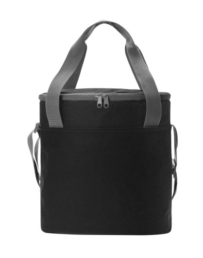 A black cooler bag with grey straps and a zippered top, featuring an exterior pocket and a logo.