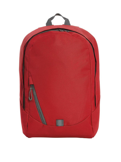 A red backpack featuring a zippered main compartment and a front zip pocket, with an additional grey zipper.