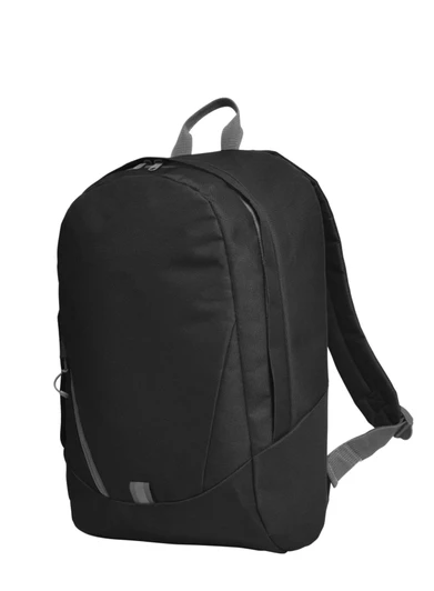 A sleek black backpack with adjustable straps and a small front pocket, featuring a logo.