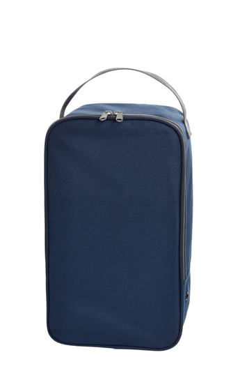A navy blue shoe bag with a zip closure and a top handle. The bag has a simple design and includes a logo.