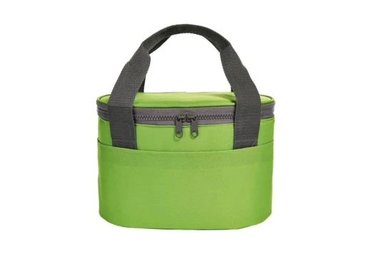 A green lunch bag with a zippered top and black handles, featuring an exterior pocket. Includes a logo.
