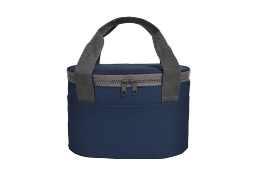 A navy lunch bag with grey straps, featuring a zip closure and a side pocket. It has a simple, modern design.