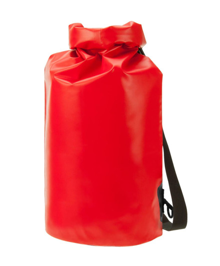 A red dry bag featuring a roll-top closure and a black shoulder strap, designed for waterproof storage.