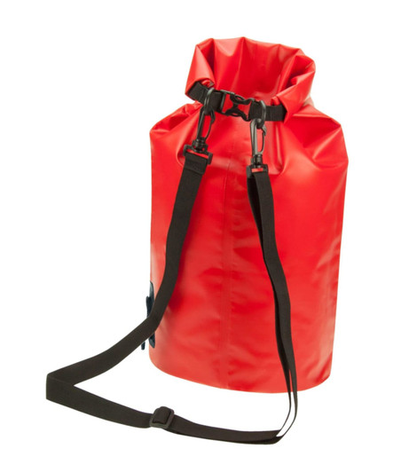 A red dry bag with black straps and clips for secure closure. It features a logo on the front.