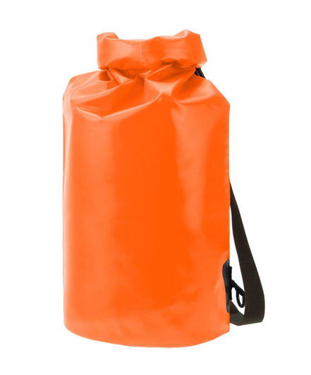 An orange dry bag with a roll-top closure and a black shoulder strap, featuring a logo.