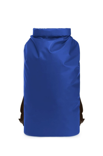 A blue backpack with a drawstring closure and brown straps, featuring a logo on the side.