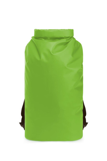 A vibrant green waterproof backpack with brown straps and a roll-top closure. It features a logo.