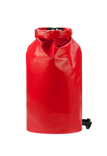 A bright red dry bag with a roll-top closure and adjustable strap, featuring a branded logo.