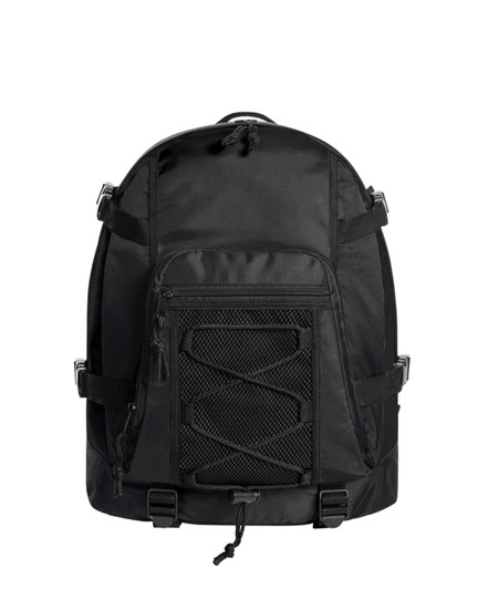 A black sport backpack with a mesh pocket, adjustable straps, and a sturdy design. It has a logo on the front.