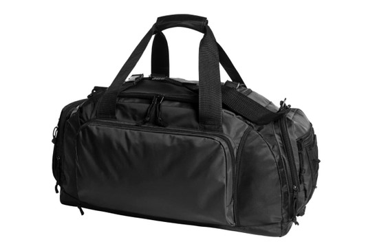 A black duffle bag with multiple compartments and sturdy handles, featuring a logo on the front.
