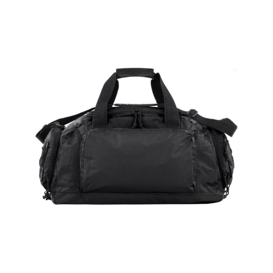 A black duffle bag with multiple compartments and handles, featuring a detachable shoulder strap and a logo.
