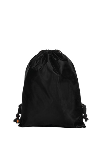 A black drawstring backpack made from sport taffeta material, featuring adjustable toggle closures and a logo.