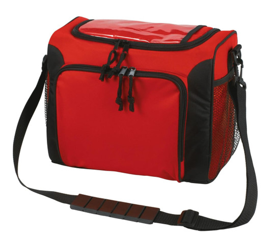 A red cooler bag with black accents, featuring a zippered compartment, mesh side pockets, and a shoulder strap.