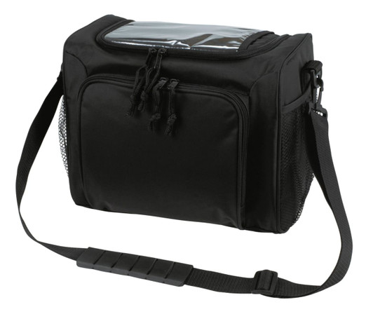 A black cooler bag with a clear top compartment, side mesh pockets, and an adjustable strap. Features a logo.