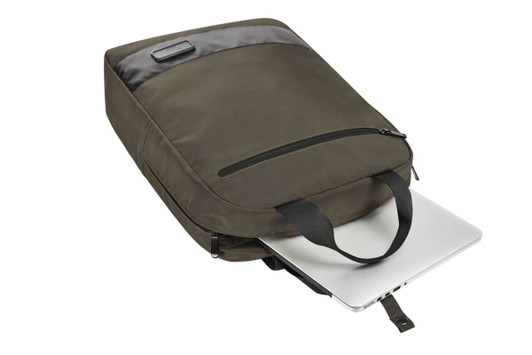 A dark green laptop backpack with a grey panel, featuring a zipped pocket and a laptop partially visible inside.