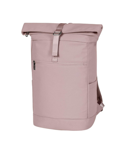 A pink laptop backpack with a roll-top design, featuring a front zipper pocket and mesh side pockets. It has a logo.