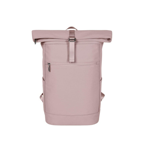 A pink laptop backpack featuring a roll-top closure, multiple pockets, and adjustable straps. It has a logo on the front.