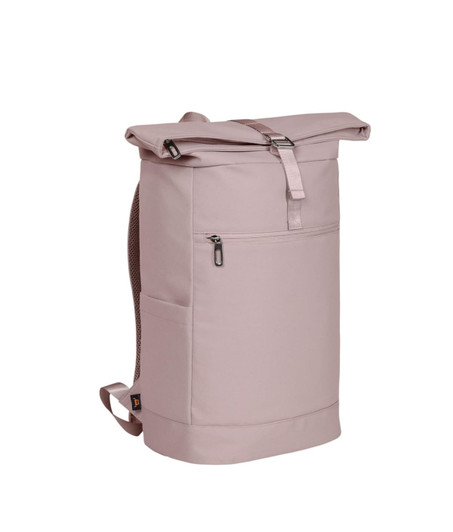 A pink laptop backpack with a roll-top design and a front zip pocket, featuring padded shoulder straps and a logo.