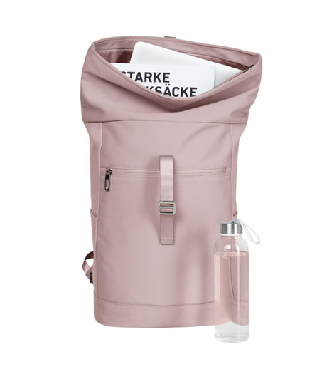 A pink laptop backpack with a roll-top design, featuring a front pocket and a drink bottle alongside it.