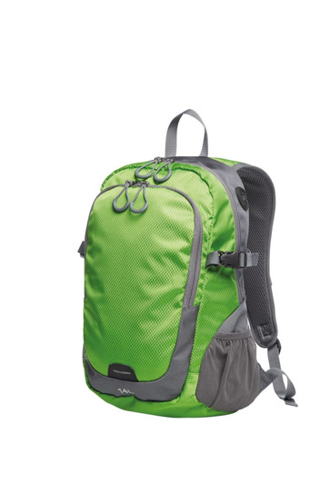 A bright green backpack with grey accents and multiple compartments. It features adjustable straps and a logo.