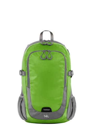 A vibrant green backpack with grey accents, featuring adjustable straps and side pockets. It has a logo.