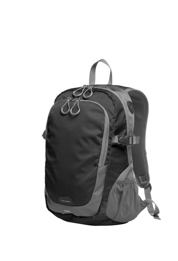 A black and grey backpack featuring adjustable straps, side pockets, and a logo. Ideal for everyday use.