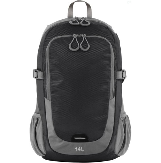A grey backpack with a mesh front, adjustable straps, and side pockets. It has a logo and a capacity of 14L.