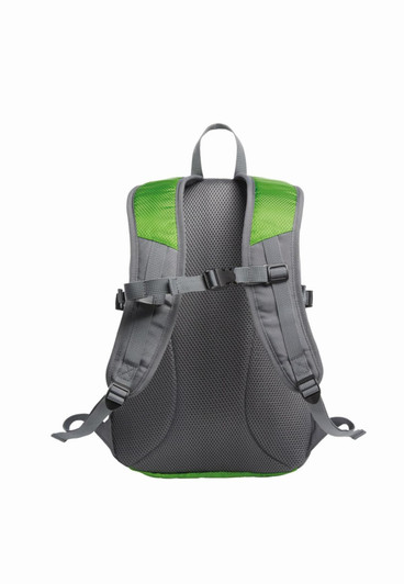 A grey and green backpack featuring padded straps and a textured back panel, with adjustable features and a logo.