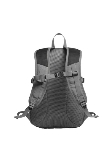 A grey backpack featuring mesh padding on the back and adjustable straps. It includes a logo on the front.